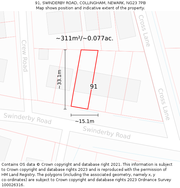 91, SWINDERBY ROAD, COLLINGHAM, NEWARK, NG23 7PB: Plot and title map