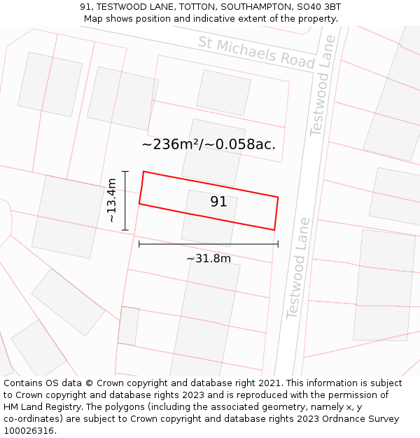 91, TESTWOOD LANE, TOTTON, SOUTHAMPTON, SO40 3BT: Plot and title map