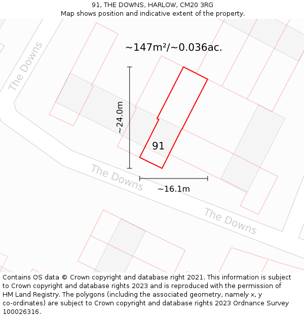 91, THE DOWNS, HARLOW, CM20 3RG: Plot and title map