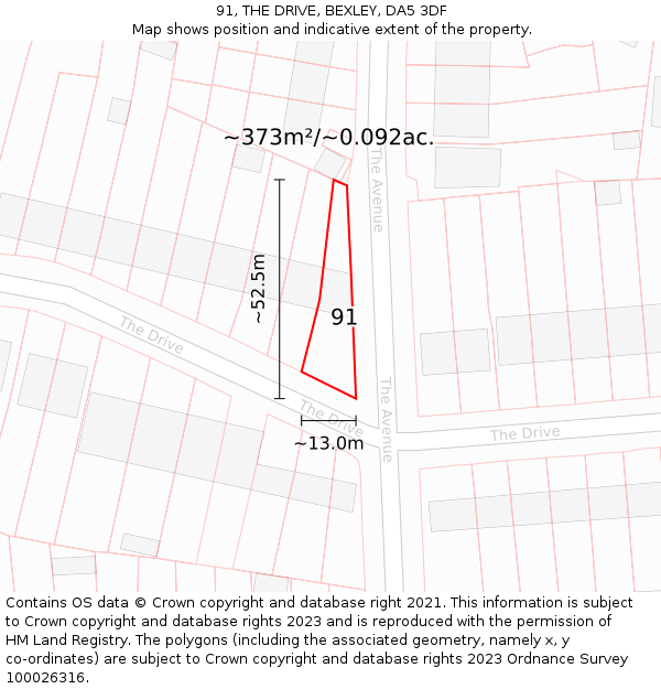 91, THE DRIVE, BEXLEY, DA5 3DF: Plot and title map