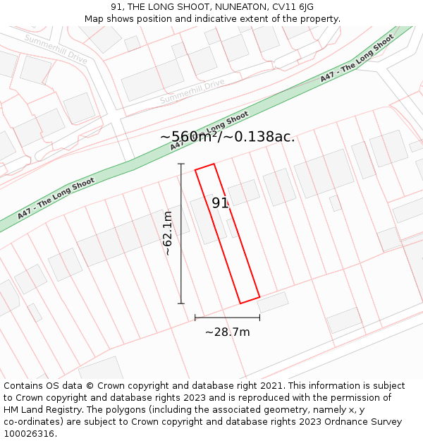 91, THE LONG SHOOT, NUNEATON, CV11 6JG: Plot and title map