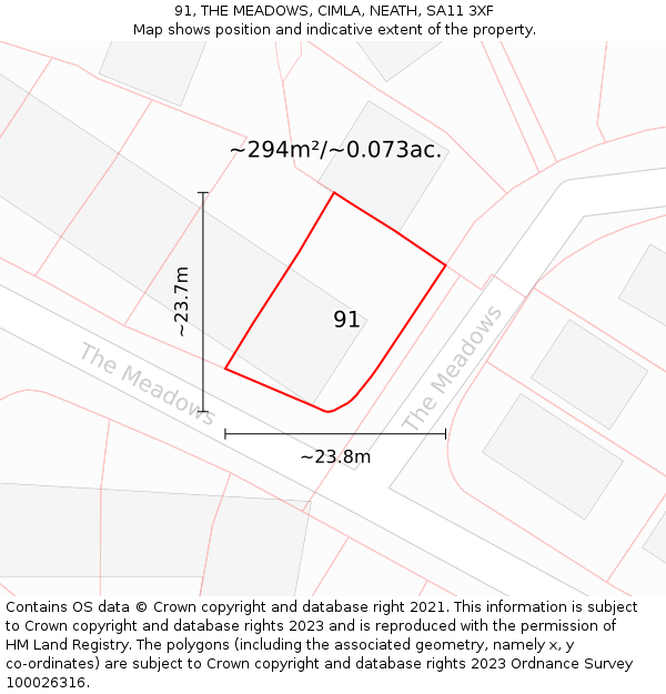 91, THE MEADOWS, CIMLA, NEATH, SA11 3XF: Plot and title map