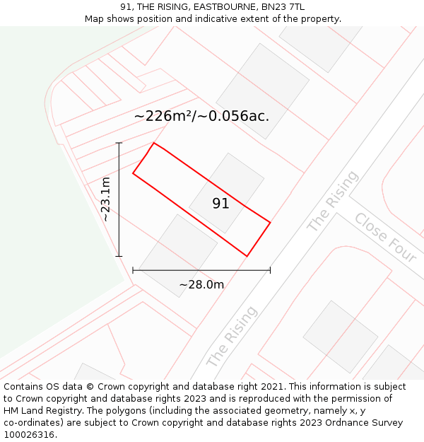 91, THE RISING, EASTBOURNE, BN23 7TL: Plot and title map