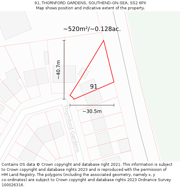 91, THORNFORD GARDENS, SOUTHEND-ON-SEA, SS2 6PX: Plot and title map