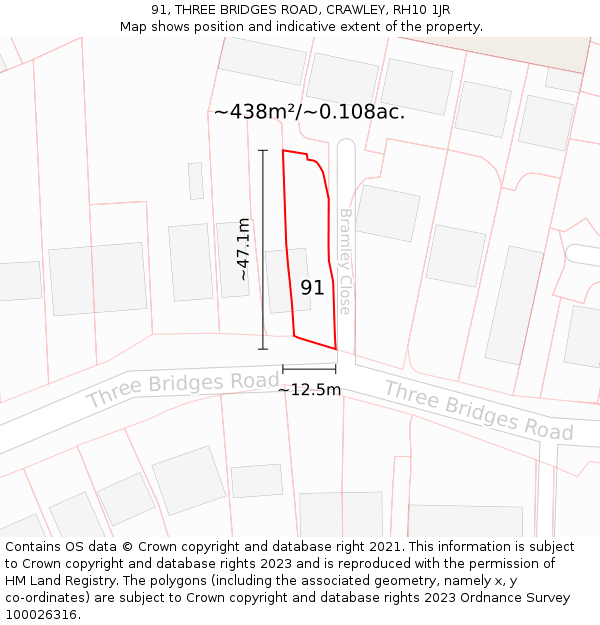 91, THREE BRIDGES ROAD, CRAWLEY, RH10 1JR: Plot and title map