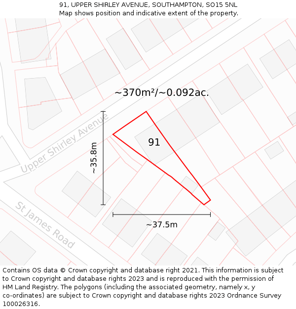 91, UPPER SHIRLEY AVENUE, SOUTHAMPTON, SO15 5NL: Plot and title map