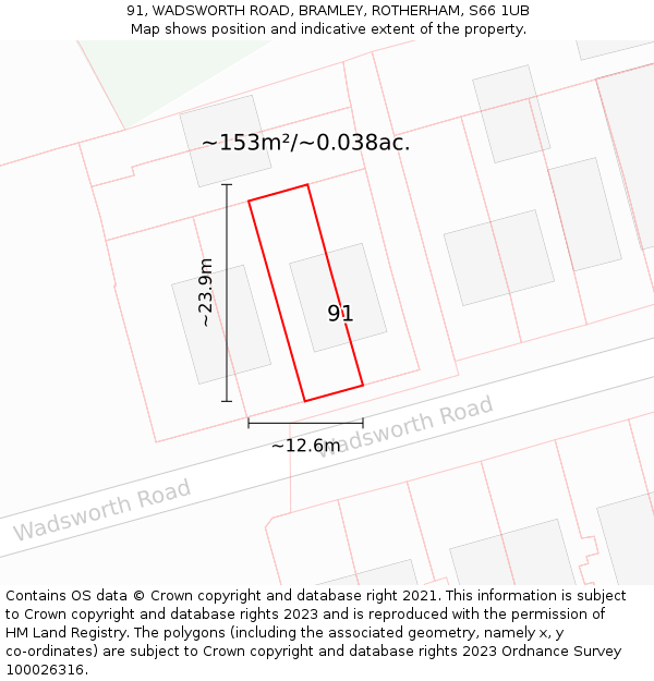 91, WADSWORTH ROAD, BRAMLEY, ROTHERHAM, S66 1UB: Plot and title map