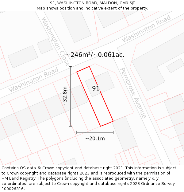 91, WASHINGTON ROAD, MALDON, CM9 6JF: Plot and title map