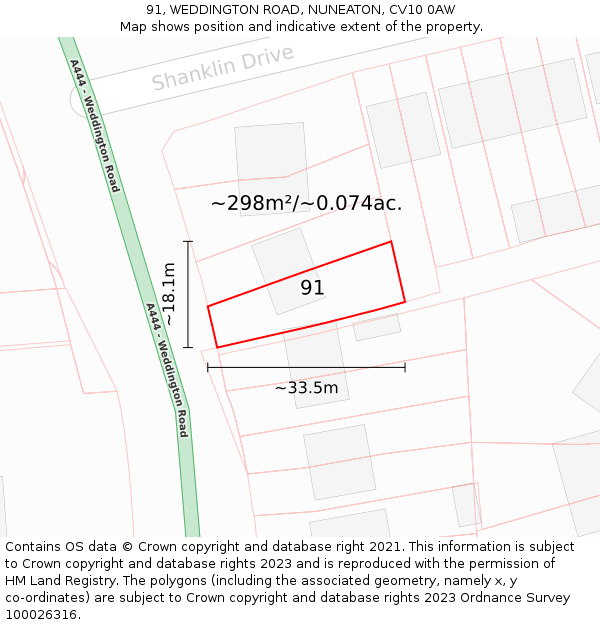 91, WEDDINGTON ROAD, NUNEATON, CV10 0AW: Plot and title map