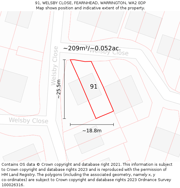 91, WELSBY CLOSE, FEARNHEAD, WARRINGTON, WA2 0DP: Plot and title map