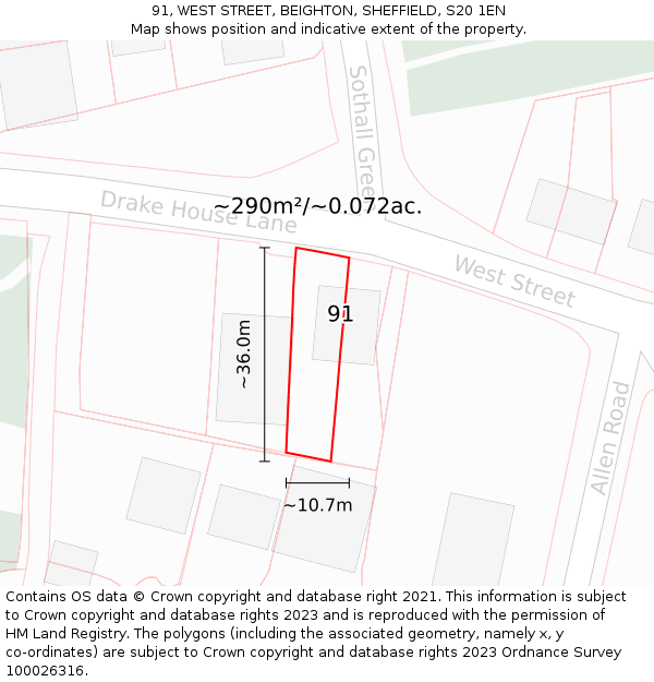 91, WEST STREET, BEIGHTON, SHEFFIELD, S20 1EN: Plot and title map