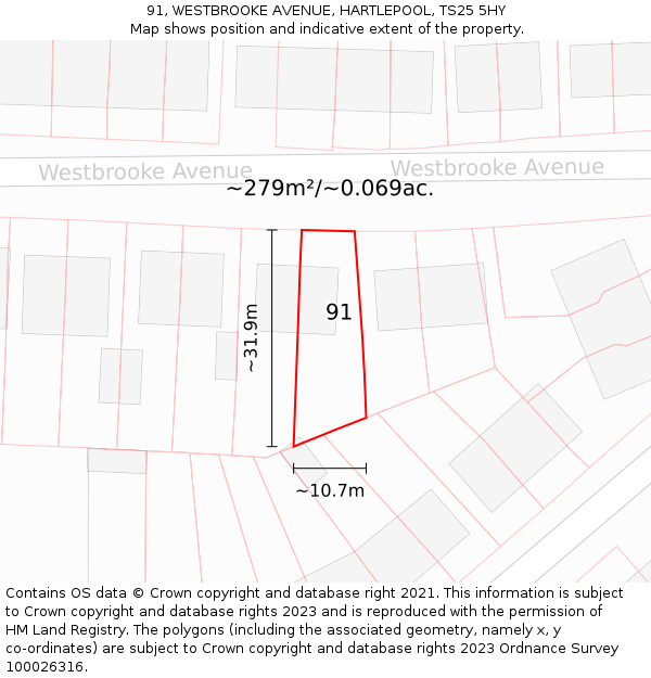 91, WESTBROOKE AVENUE, HARTLEPOOL, TS25 5HY: Plot and title map