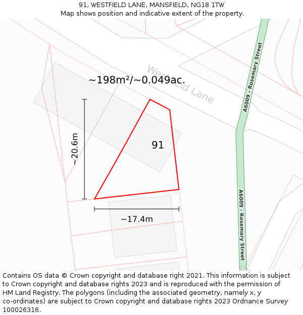 91, WESTFIELD LANE, MANSFIELD, NG18 1TW: Plot and title map