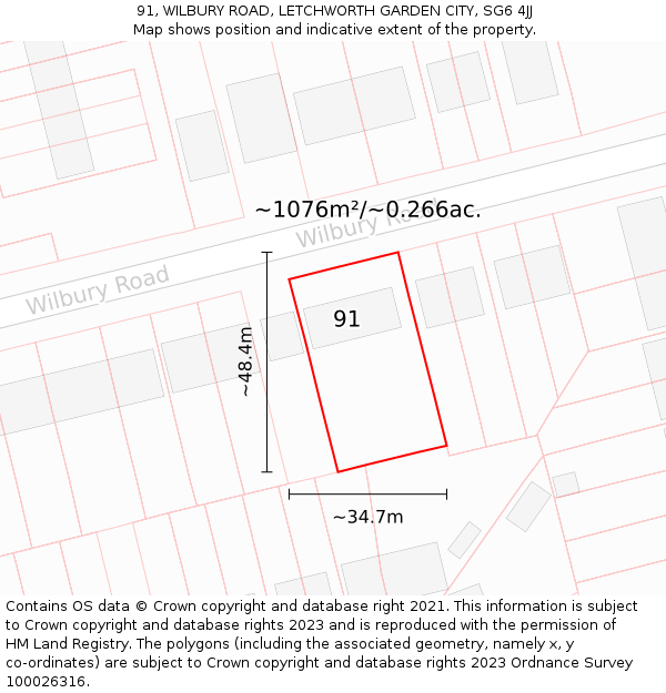 91, WILBURY ROAD, LETCHWORTH GARDEN CITY, SG6 4JJ: Plot and title map