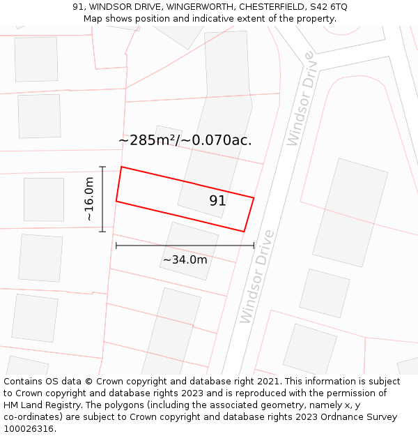 91, WINDSOR DRIVE, WINGERWORTH, CHESTERFIELD, S42 6TQ: Plot and title map