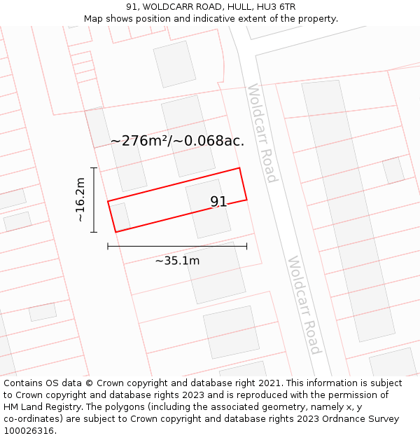 91, WOLDCARR ROAD, HULL, HU3 6TR: Plot and title map