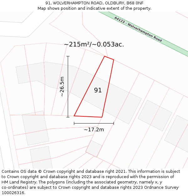 91, WOLVERHAMPTON ROAD, OLDBURY, B68 0NF: Plot and title map