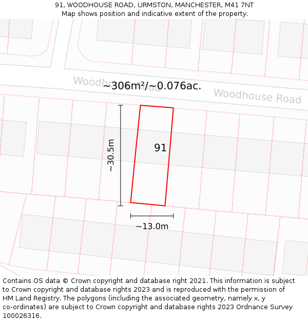 91, WOODHOUSE ROAD, URMSTON, MANCHESTER, M41 7NT: Plot and title map