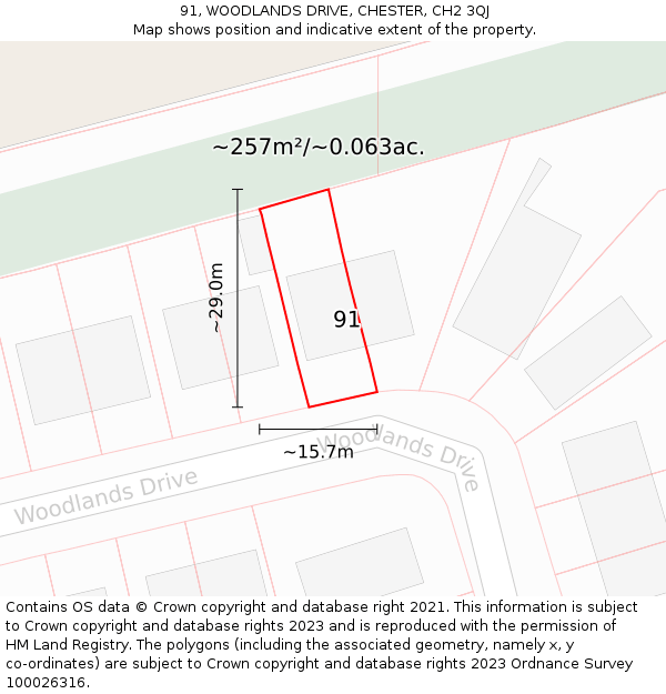 91, WOODLANDS DRIVE, CHESTER, CH2 3QJ: Plot and title map