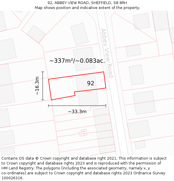 92, ABBEY VIEW ROAD, SHEFFIELD, S8 8RH: Plot and title map