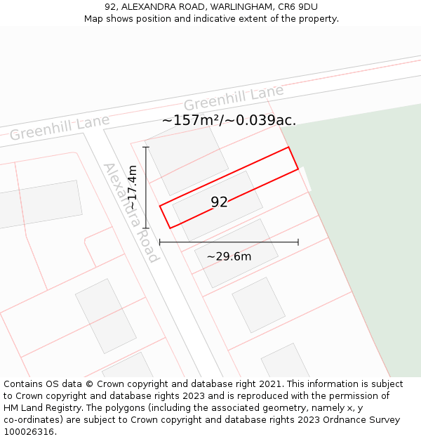 92, ALEXANDRA ROAD, WARLINGHAM, CR6 9DU: Plot and title map