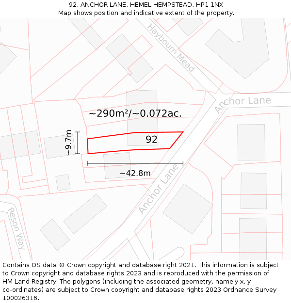 92, ANCHOR LANE, HEMEL HEMPSTEAD, HP1 1NX: Plot and title map