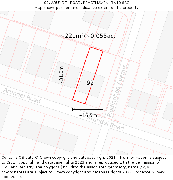 92, ARUNDEL ROAD, PEACEHAVEN, BN10 8RG: Plot and title map