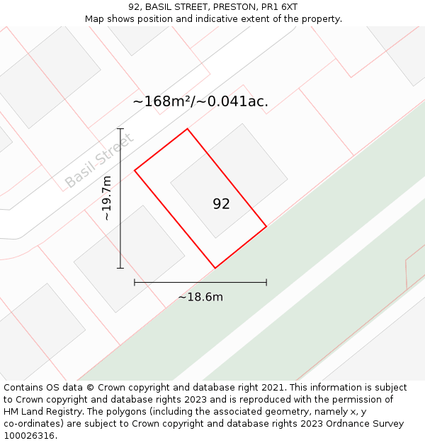 92, BASIL STREET, PRESTON, PR1 6XT: Plot and title map
