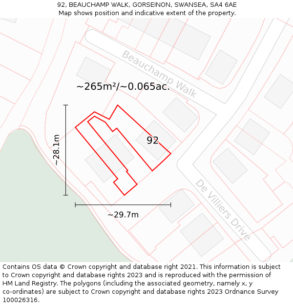 92, BEAUCHAMP WALK, GORSEINON, SWANSEA, SA4 6AE: Plot and title map