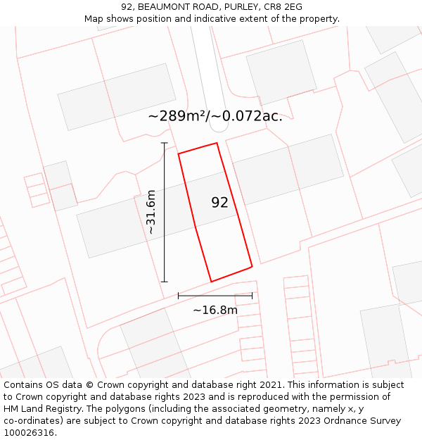 92, BEAUMONT ROAD, PURLEY, CR8 2EG: Plot and title map