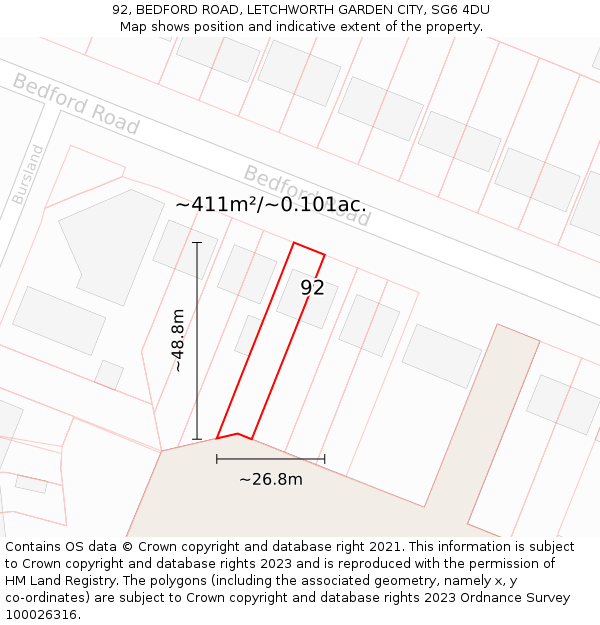 92, BEDFORD ROAD, LETCHWORTH GARDEN CITY, SG6 4DU: Plot and title map