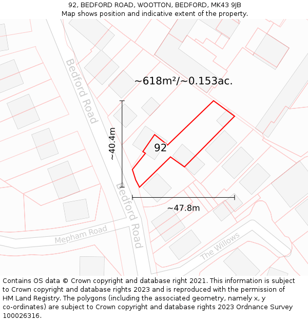 92, BEDFORD ROAD, WOOTTON, BEDFORD, MK43 9JB: Plot and title map