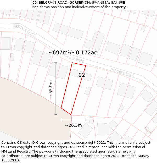 92, BELGRAVE ROAD, GORSEINON, SWANSEA, SA4 6RE: Plot and title map