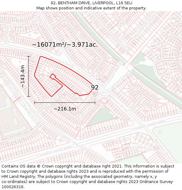 92, BENTHAM DRIVE, LIVERPOOL, L16 5EU: Plot and title map