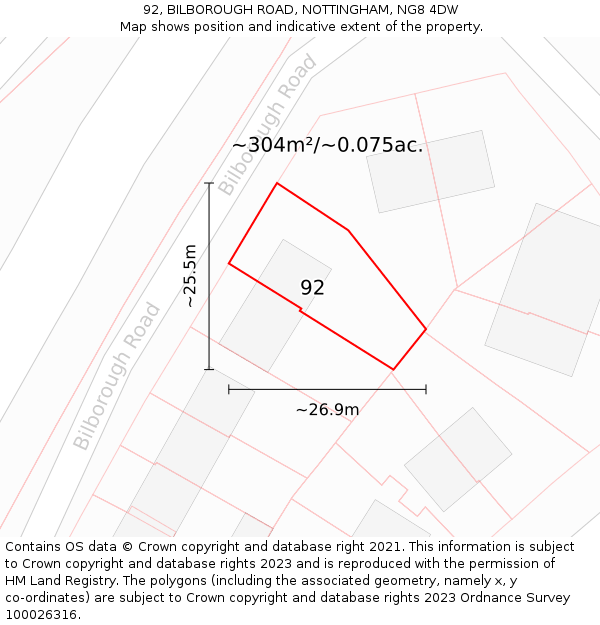 92, BILBOROUGH ROAD, NOTTINGHAM, NG8 4DW: Plot and title map