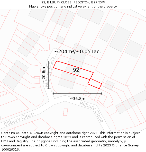 92, BILBURY CLOSE, REDDITCH, B97 5XW: Plot and title map