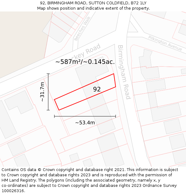 92, BIRMINGHAM ROAD, SUTTON COLDFIELD, B72 1LY: Plot and title map