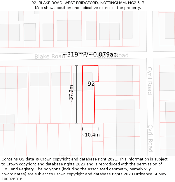 92, BLAKE ROAD, WEST BRIDGFORD, NOTTINGHAM, NG2 5LB: Plot and title map