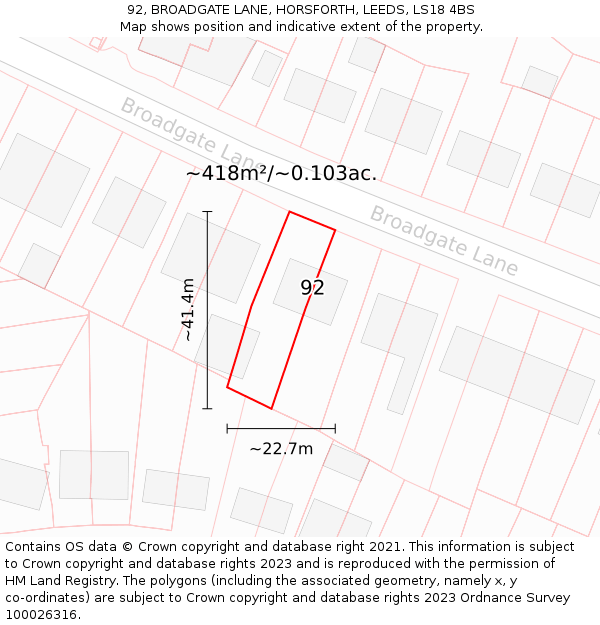 92, BROADGATE LANE, HORSFORTH, LEEDS, LS18 4BS: Plot and title map