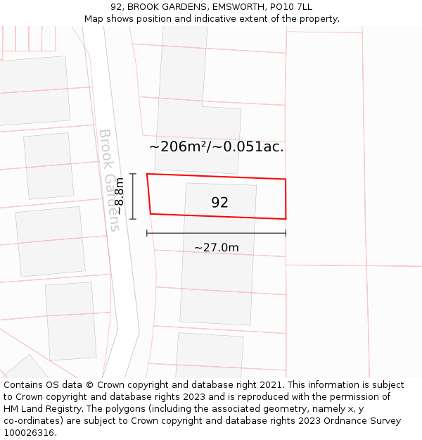 92, BROOK GARDENS, EMSWORTH, PO10 7LL: Plot and title map