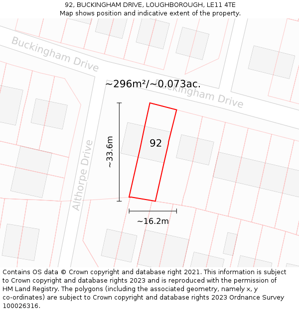 92, BUCKINGHAM DRIVE, LOUGHBOROUGH, LE11 4TE: Plot and title map