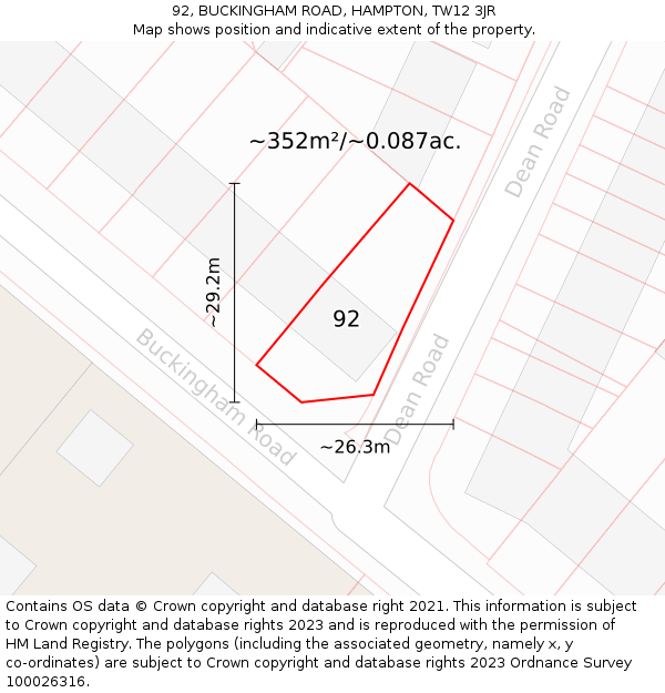 92, BUCKINGHAM ROAD, HAMPTON, TW12 3JR: Plot and title map