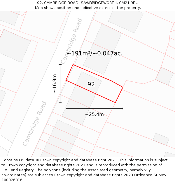 92, CAMBRIDGE ROAD, SAWBRIDGEWORTH, CM21 9BU: Plot and title map