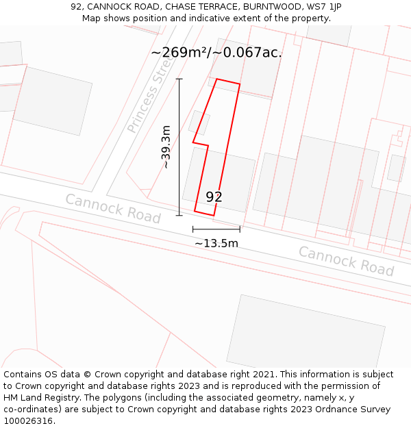 92, CANNOCK ROAD, CHASE TERRACE, BURNTWOOD, WS7 1JP: Plot and title map