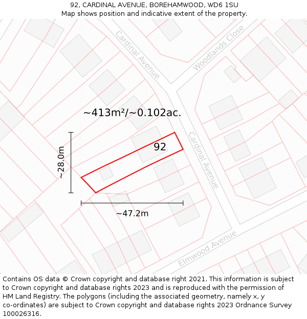 92, CARDINAL AVENUE, BOREHAMWOOD, WD6 1SU: Plot and title map