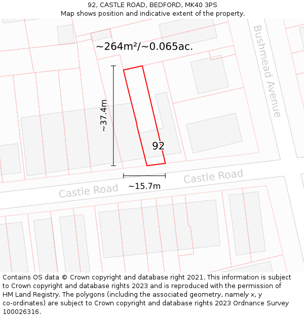 92, CASTLE ROAD, BEDFORD, MK40 3PS: Plot and title map