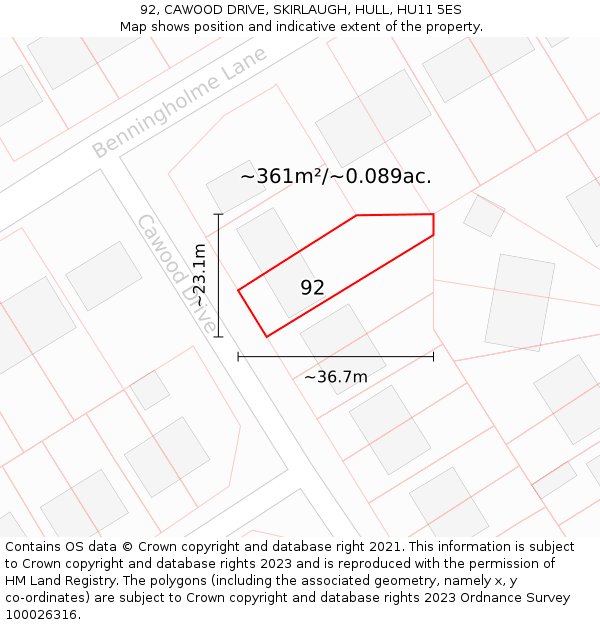 92, CAWOOD DRIVE, SKIRLAUGH, HULL, HU11 5ES: Plot and title map