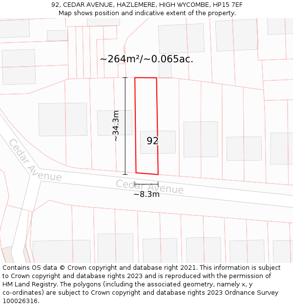 92, CEDAR AVENUE, HAZLEMERE, HIGH WYCOMBE, HP15 7EF: Plot and title map