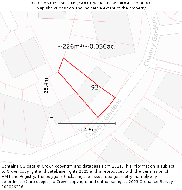 92, CHANTRY GARDENS, SOUTHWICK, TROWBRIDGE, BA14 9QT: Plot and title map