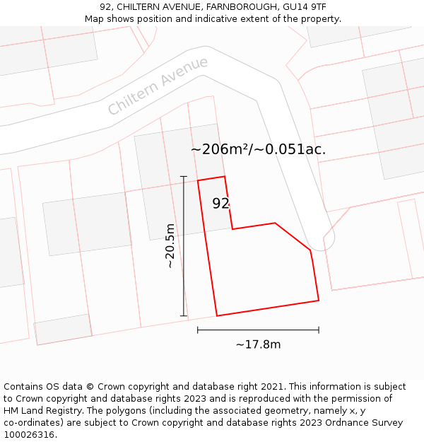 92, CHILTERN AVENUE, FARNBOROUGH, GU14 9TF: Plot and title map